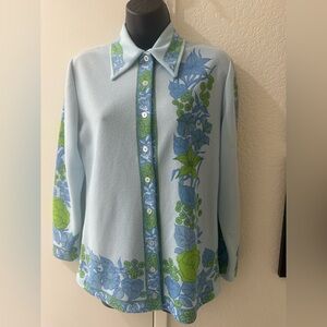 Vintage 1960s-early 70s Polyester Long Sleeve Floral Blouse‎ Marked Medium